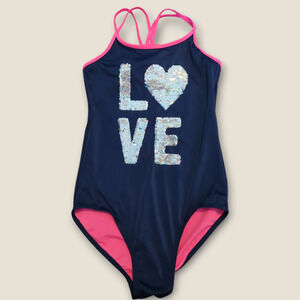 JUSTICE Girls 18 Navy Blue Hot Pink Mermaid Sequin LOVE Swim Suit Summer